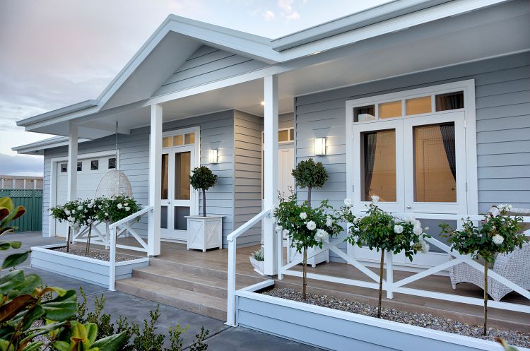 soft grey exterior paint with white trim